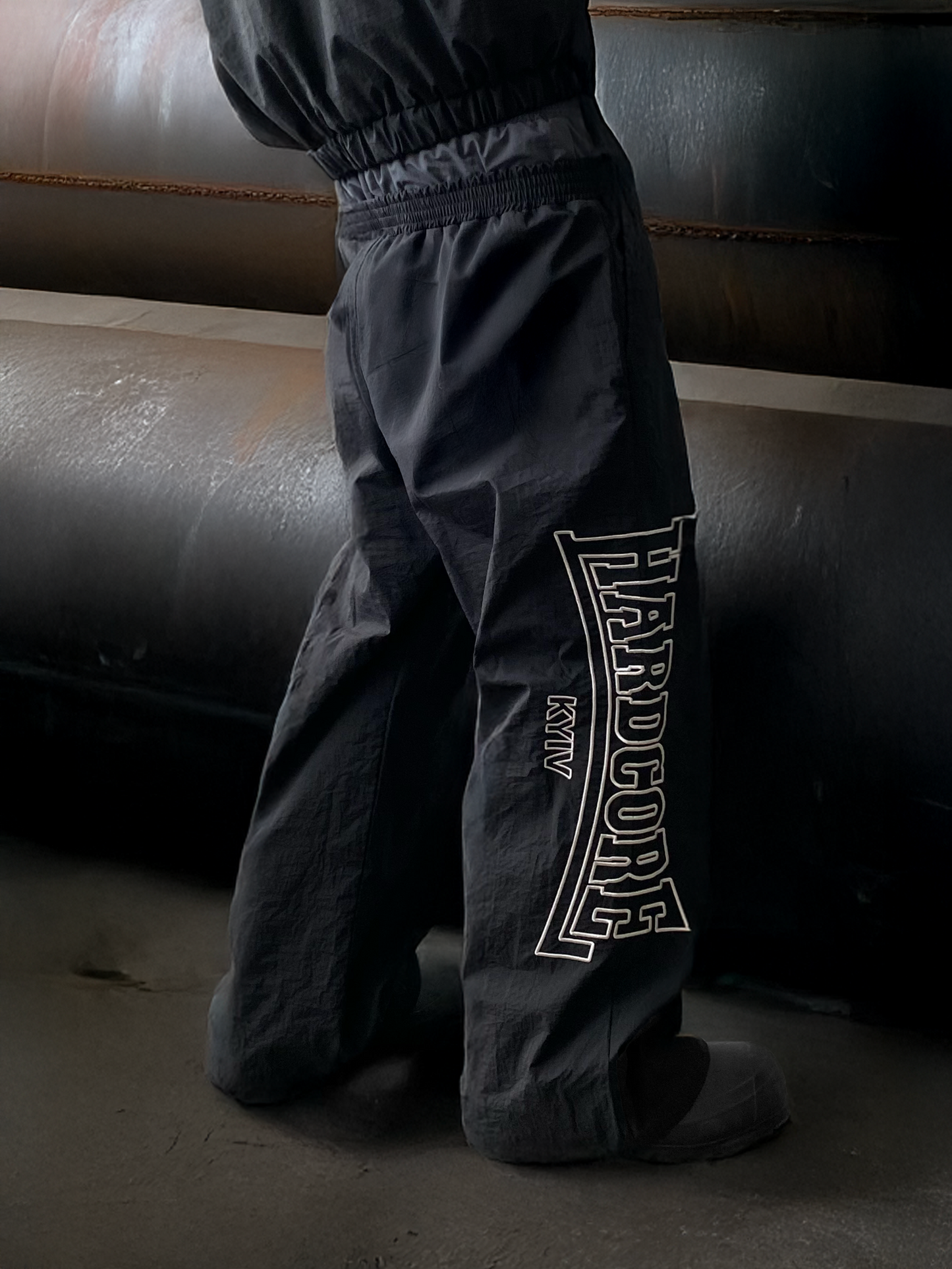 BLACK HARDCORE NYLON TRACKSUIT PANTS